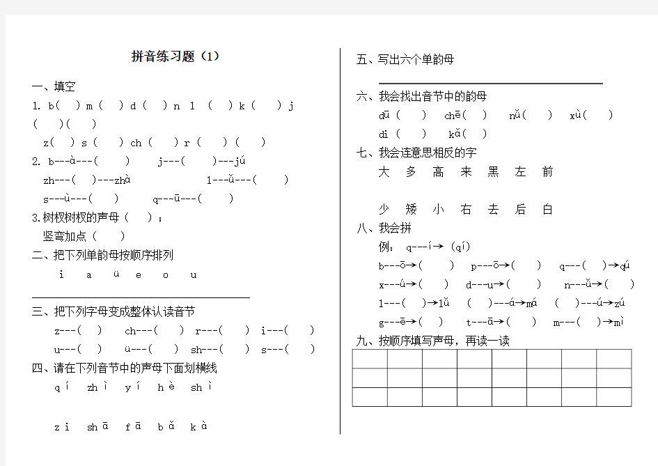 幼儿园大班拼音练习题