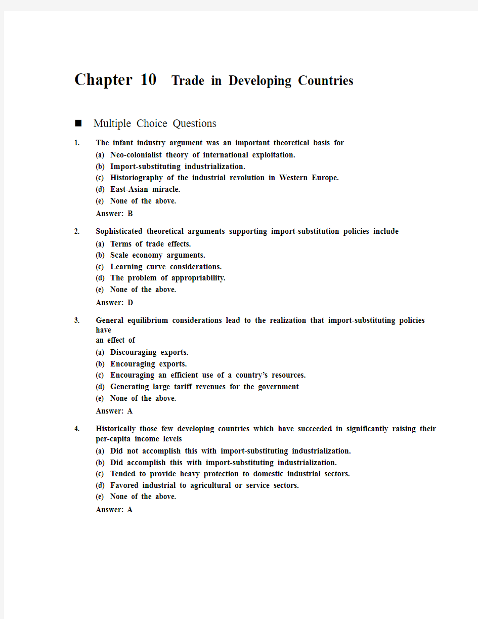 国际经济学作业答案-第十章