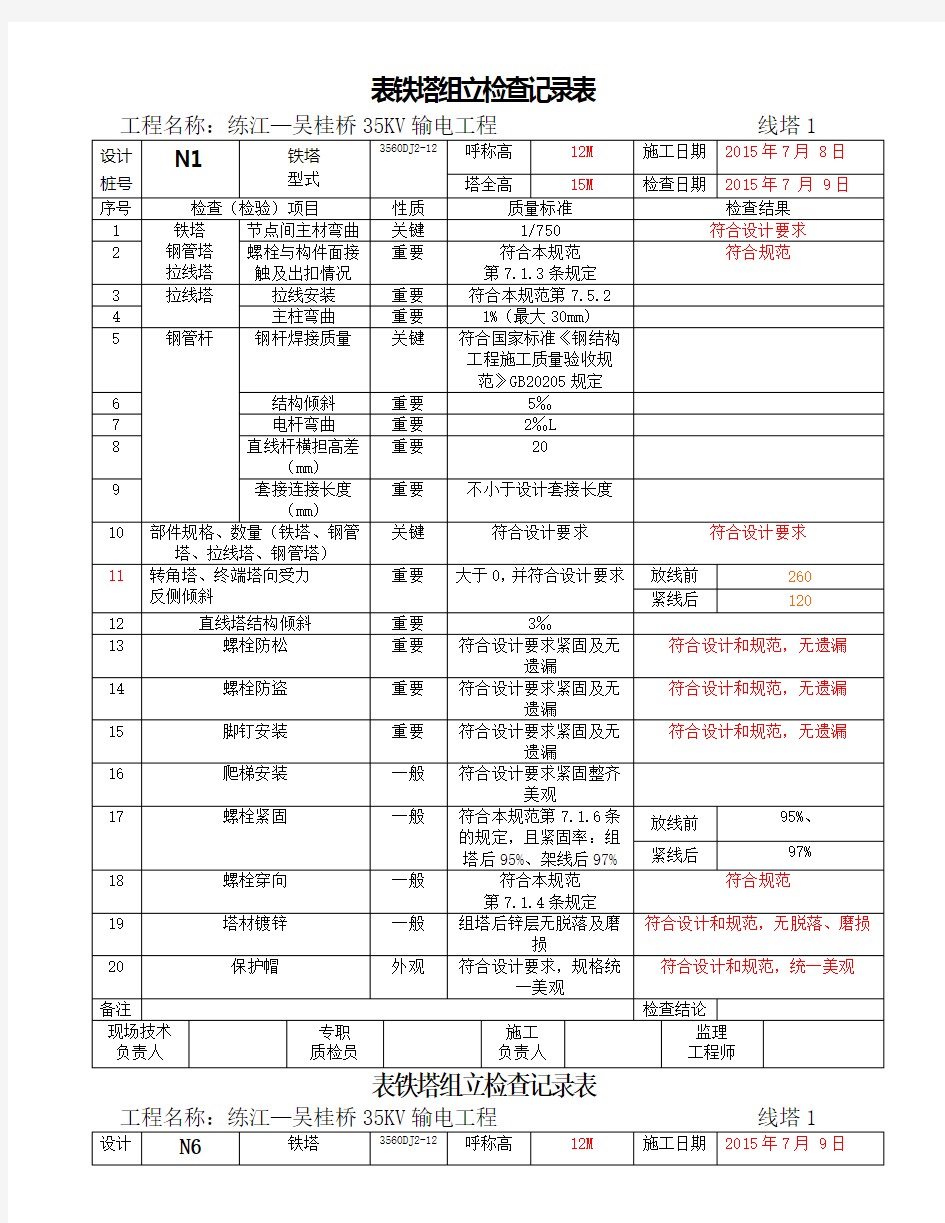 铁塔组立检查记录表