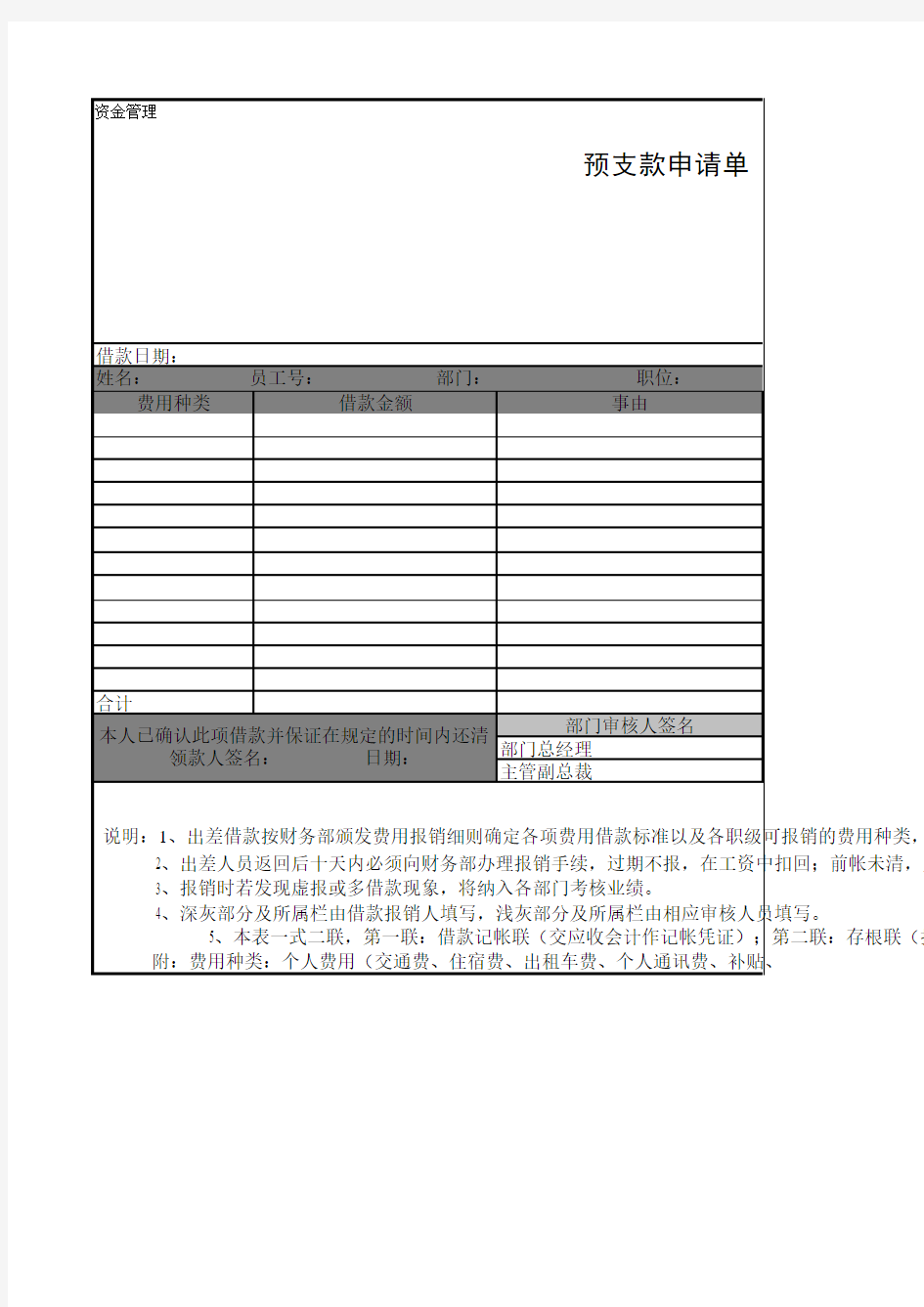 预支款申请单