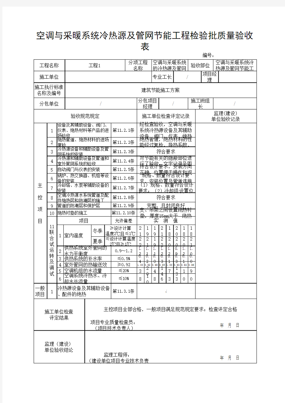 空调与采暖系统冷热源及管网节能工程检验批质量验收表(最新版)