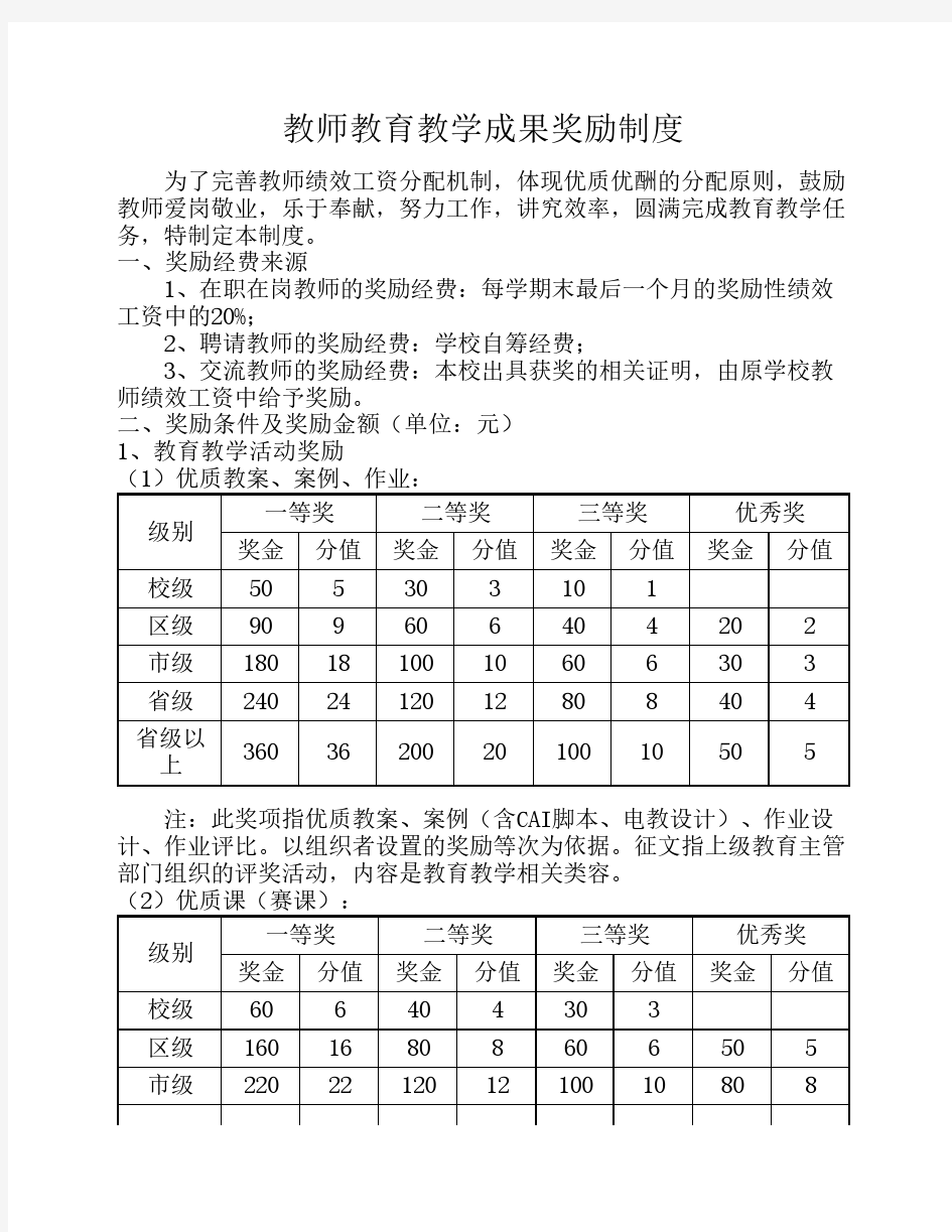 教师教育教学成果奖励制度