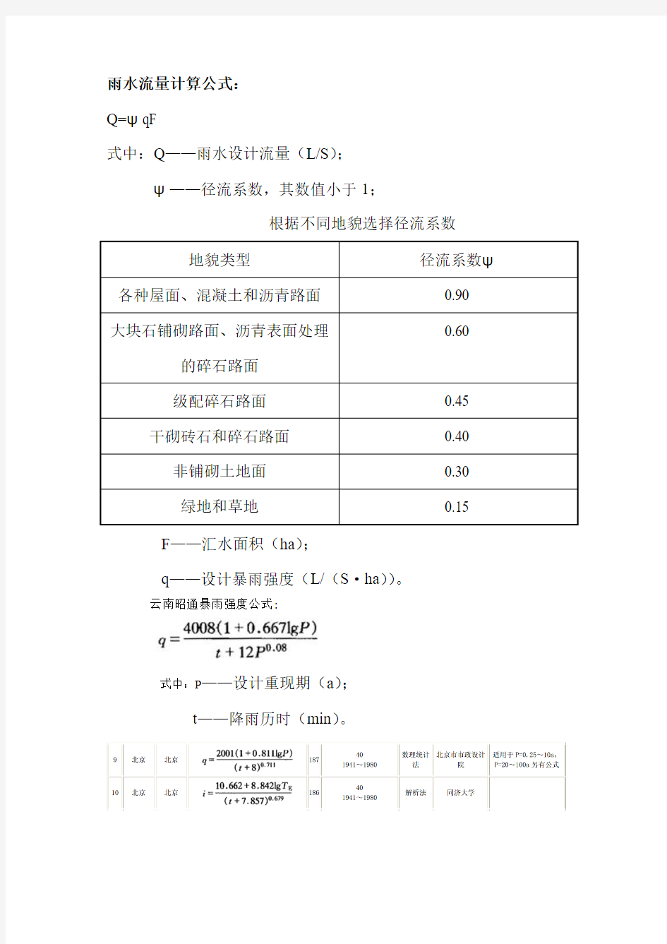 雨水流量计算公式(含北京市暴雨计算公式)