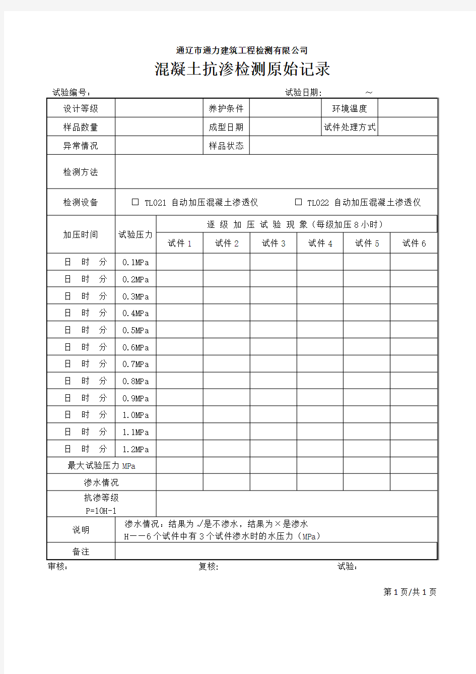 混凝土抗渗检验检测原始记录