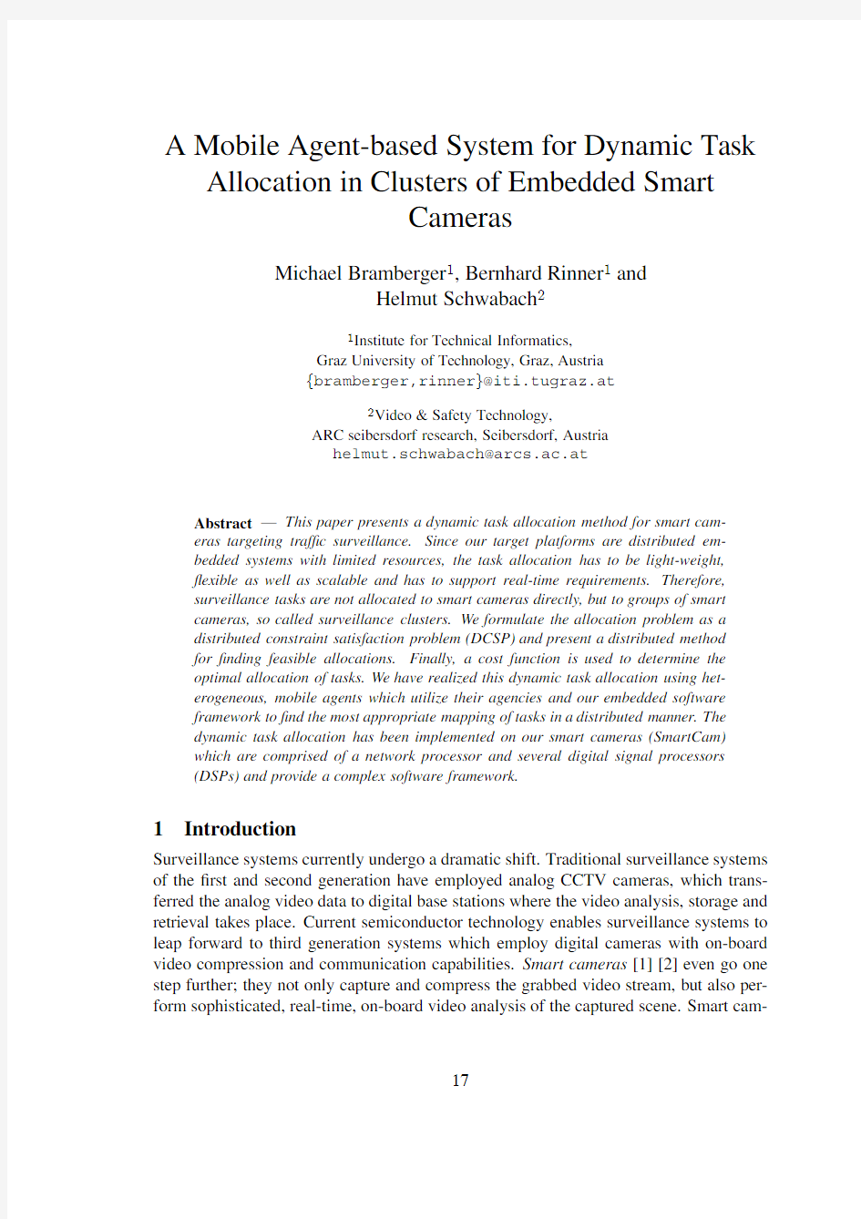 A Mobile Agent-based System for Dynamic Task Allocation in Clusters of Embedded Smart Camer