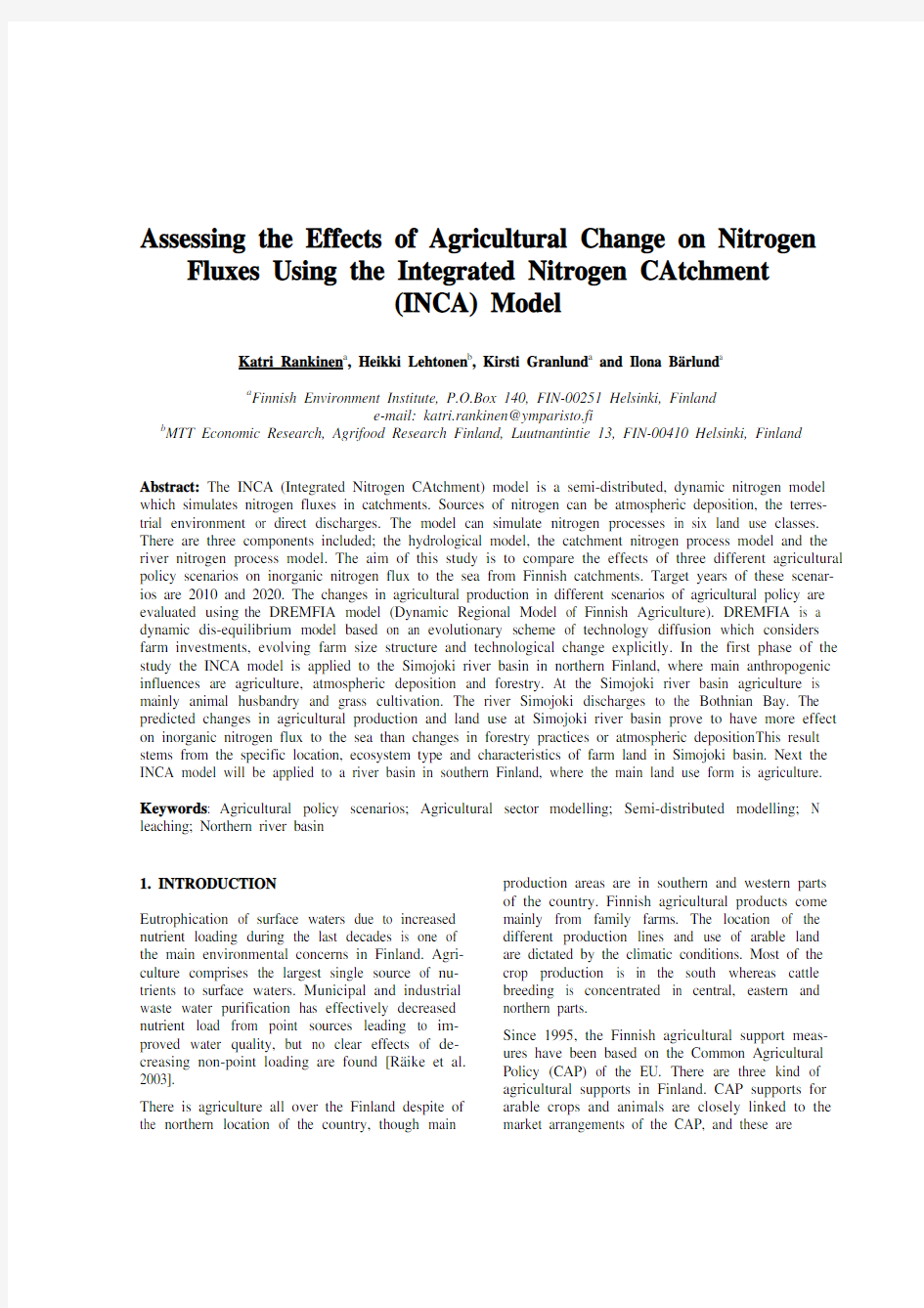 Assessing the Effects of Agricultural Change on Nitrogen Fluxes Using the Integrated Nitrog