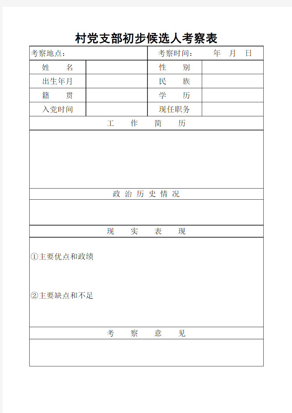 村党支部候选人考察表