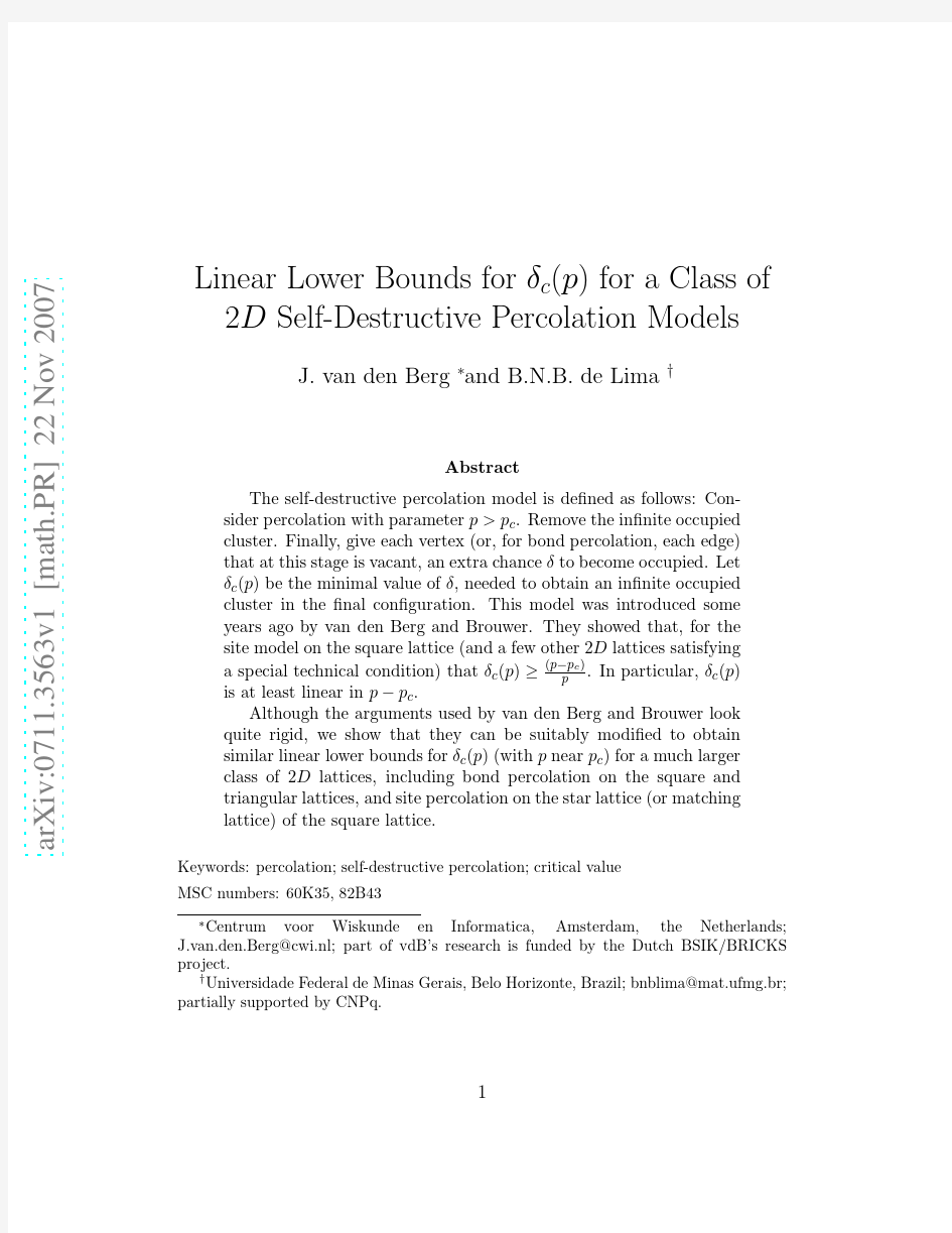 Linear Lower Bounds for $delta_c(p)$ for a Class of 2D Self-Destructive Percolation Models