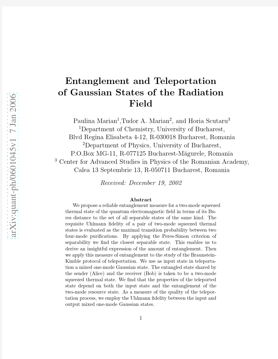 Entanglement and Teleportation of Gaussian States of the Radiation Field