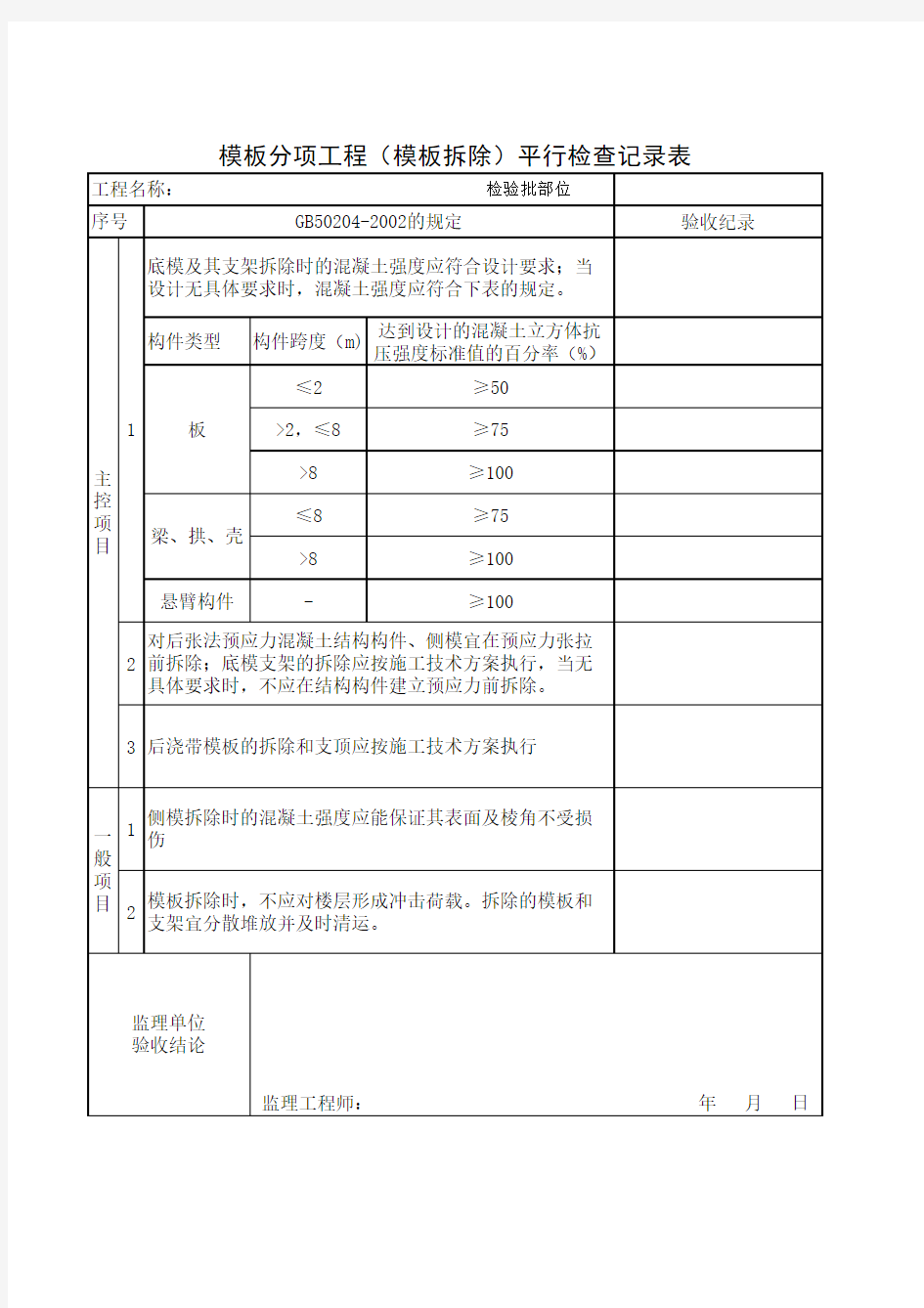 模板拆除平行检查表1