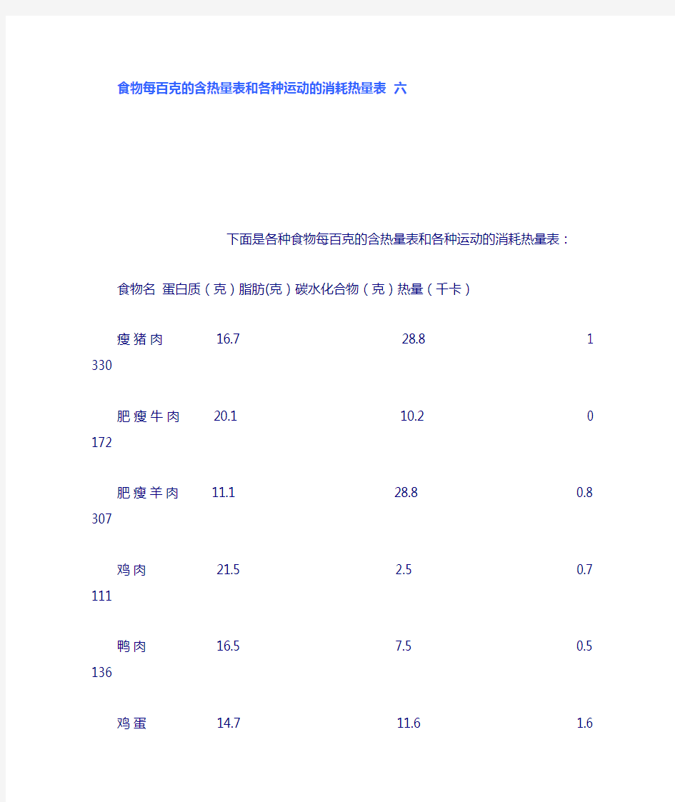 食物每百克的含热量表和各种运动的消耗热量