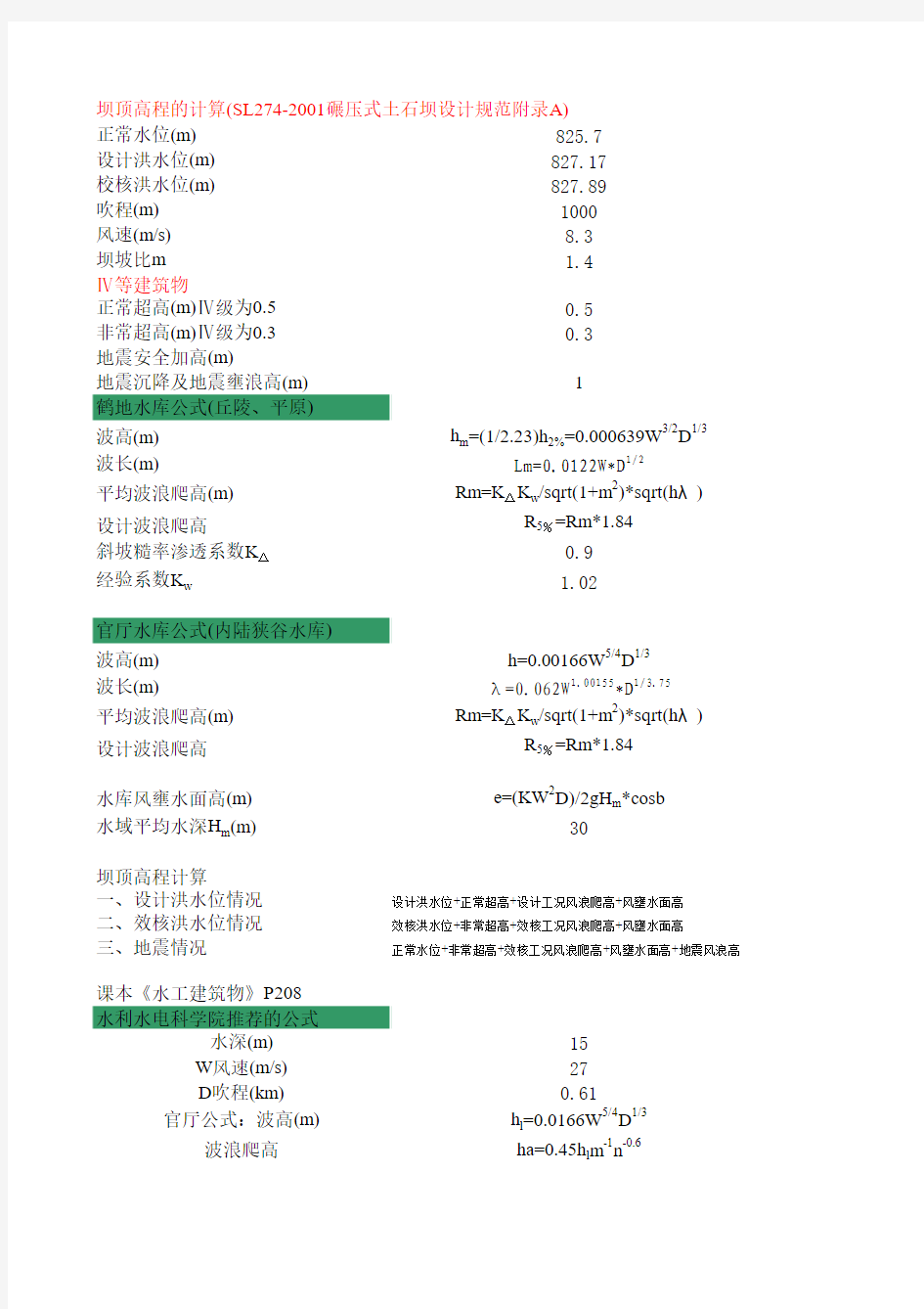 坝顶高程计算公式