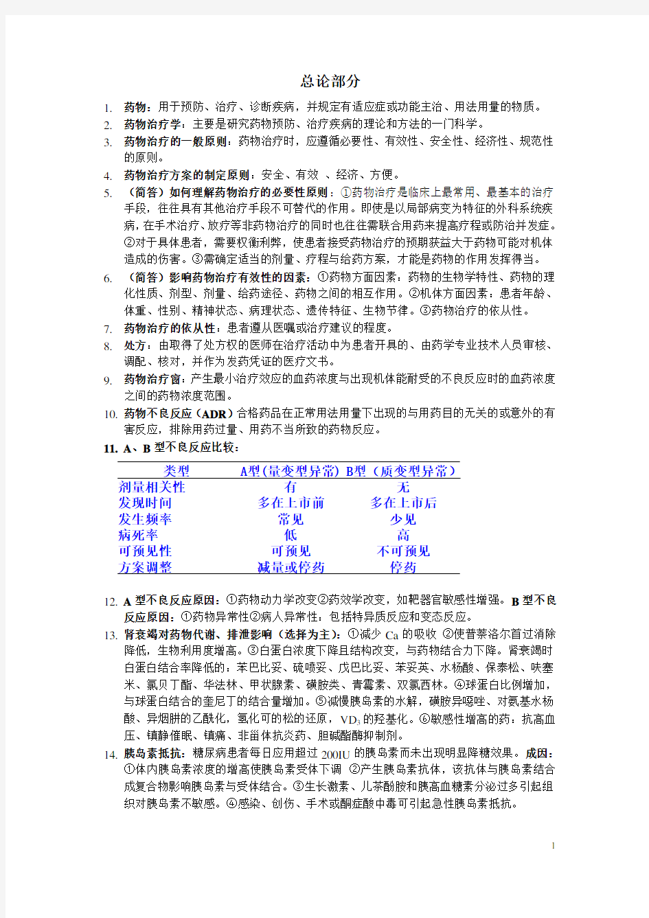 人民卫生出版社《临床药物治疗学》考试复习提纲