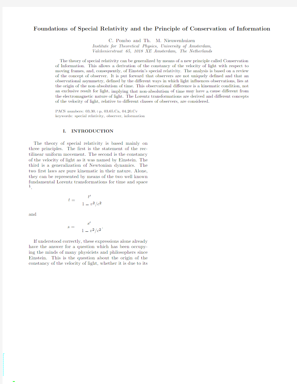 Foundations of Special Relativity and the Principle of Conservation of Information