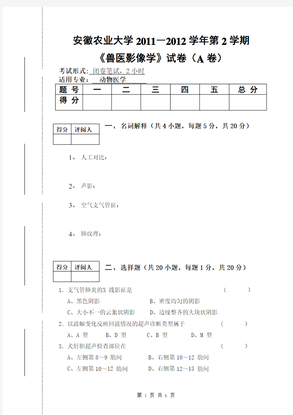 2013兽医影像学试卷A卷