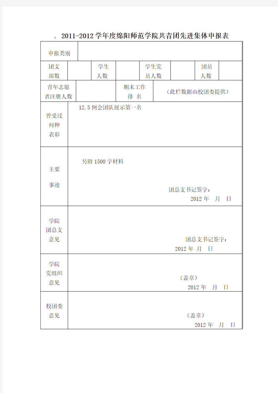 优秀志愿者团队申请表