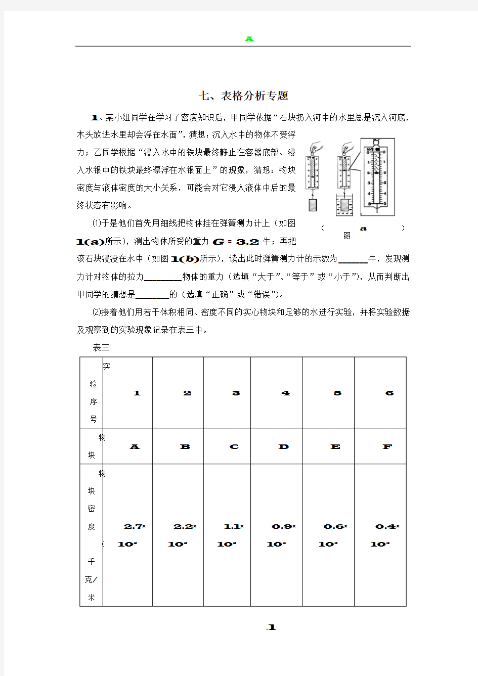 上海初中物理专题复习(表格分析专题)