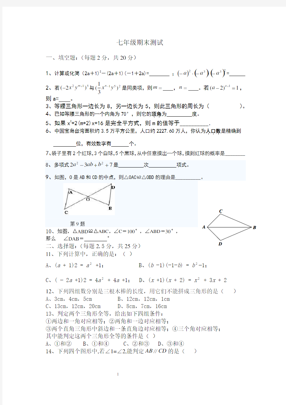 北师大版七年级下册数学试卷