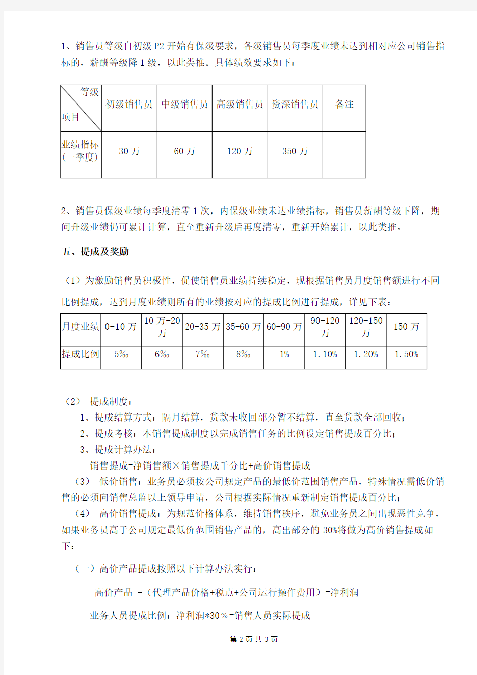 销售人员提成方案