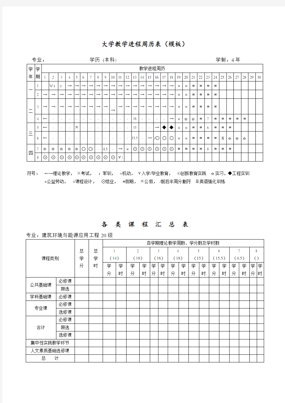 教学周历表-汇总表-大学教学周历表(word模板-可以修改)