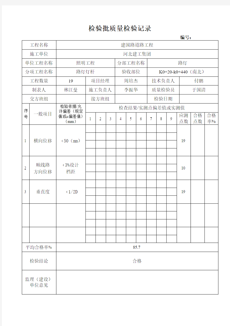 道路路灯灯杆装检验批