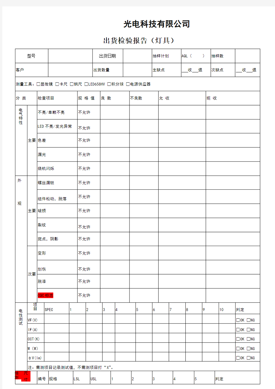 成品出货检验报告(灯具)