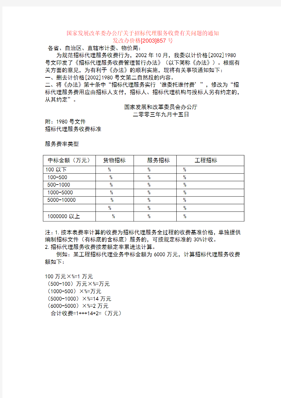 招标代理费收费标准