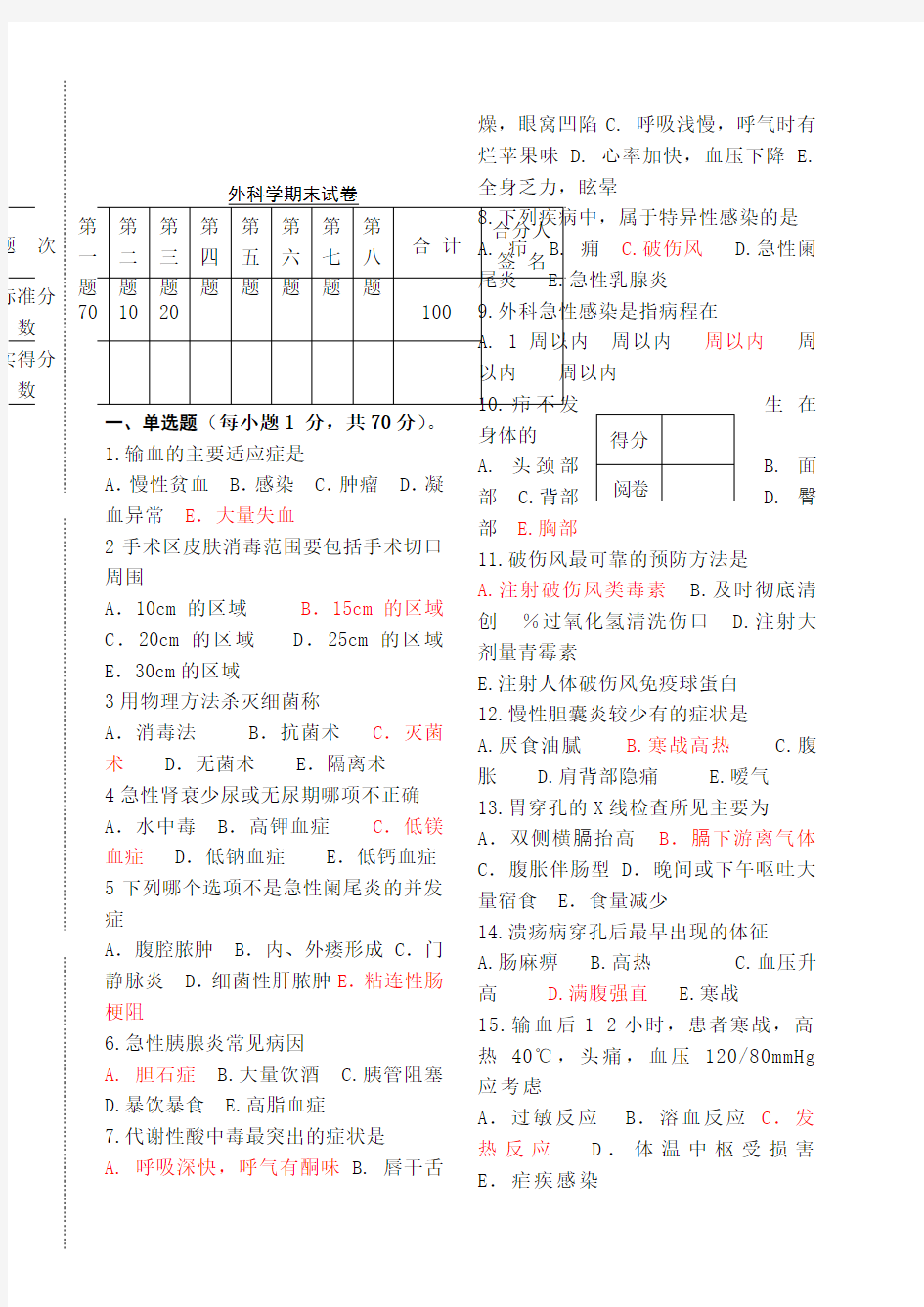 外科学期末试卷 含答案