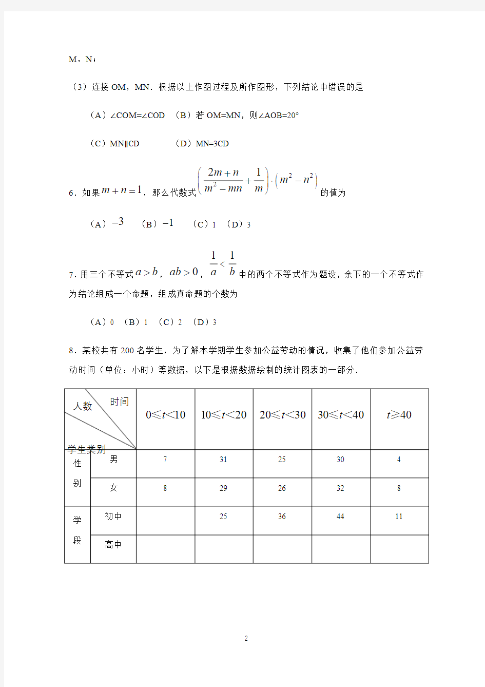 2019年北京市中考数学试题及答案解析