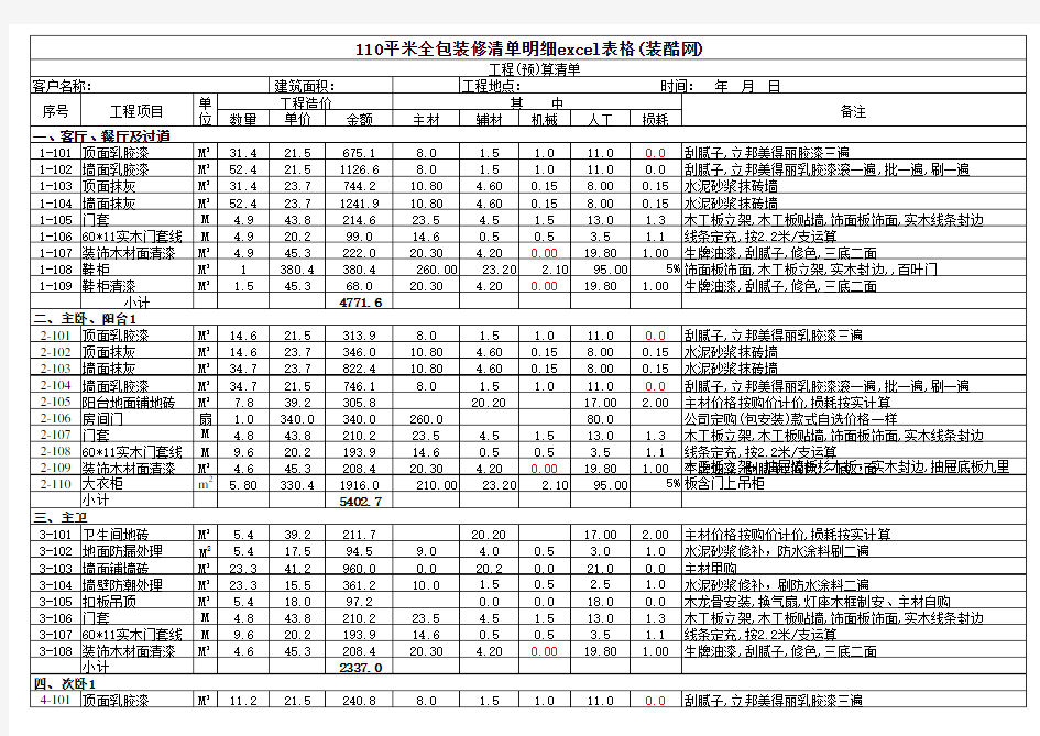 130平米全包装修清单明细excel表格