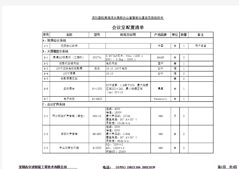 会议室配置清单