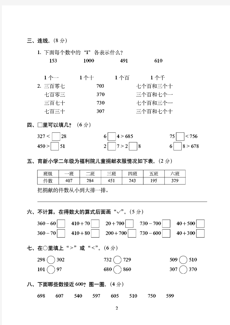 滁州市2019年苏教版二年级(下)数学第2单元能力拓展检测卷(一)附详细答案
