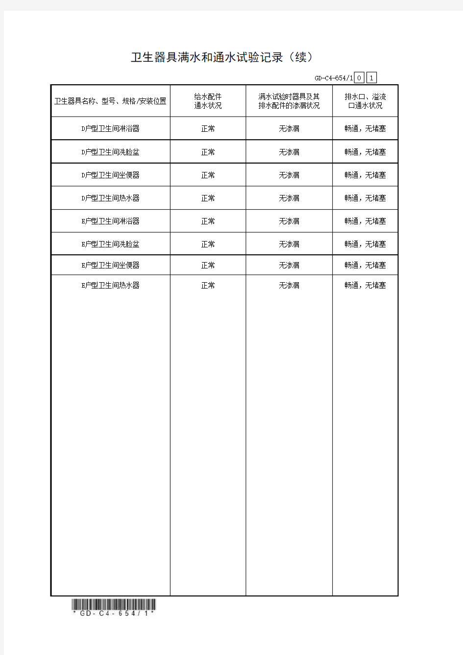 2、卫生器具满水和通水试验记录