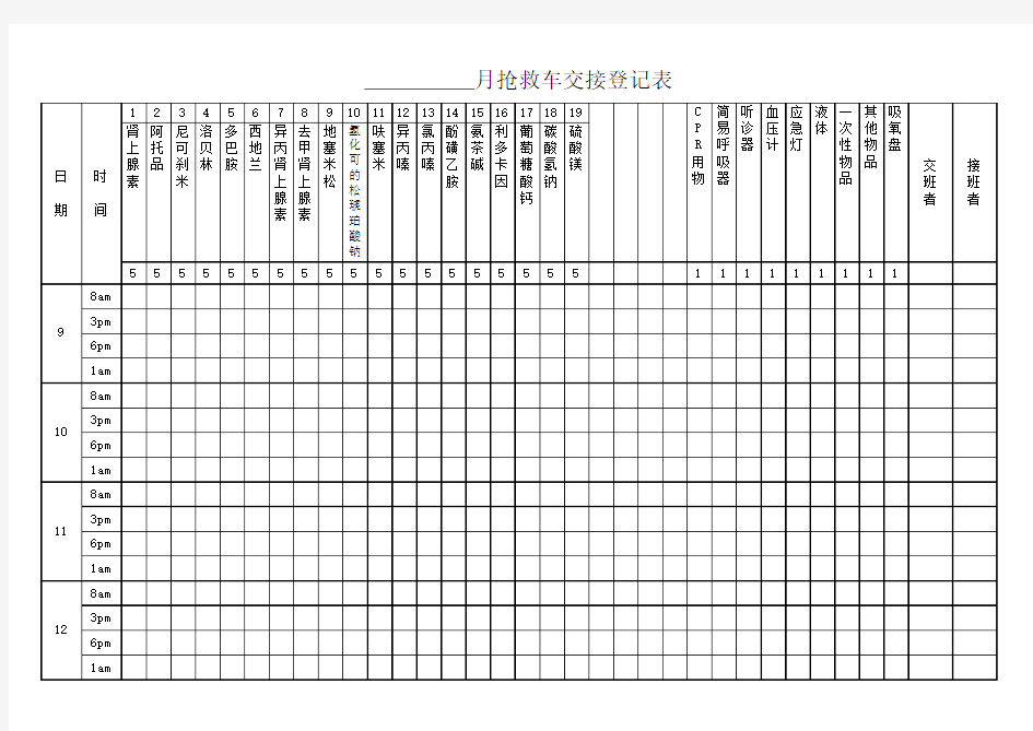 抢救车交接登记表