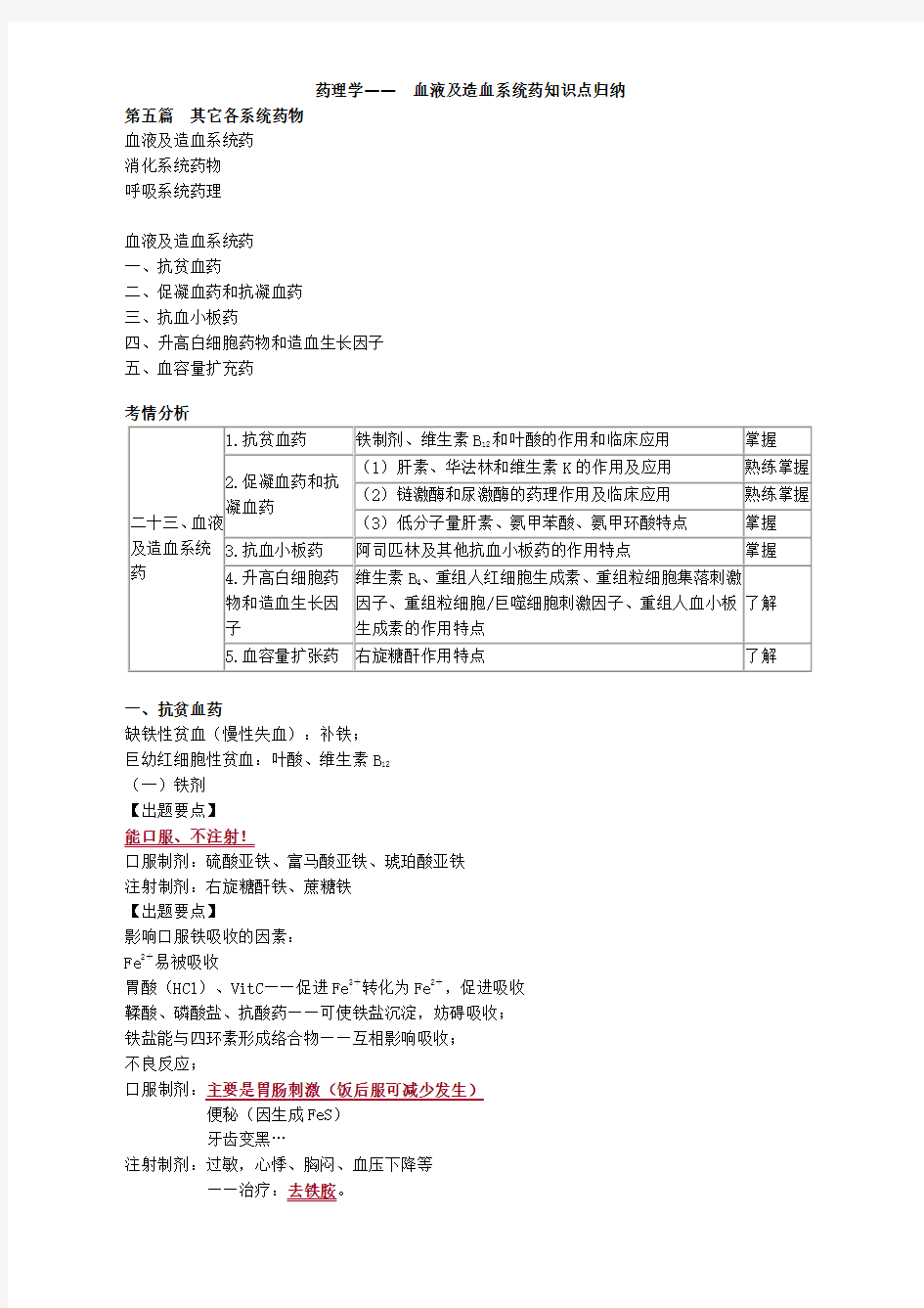 药理学—— 血液及造血系统药知识点归纳