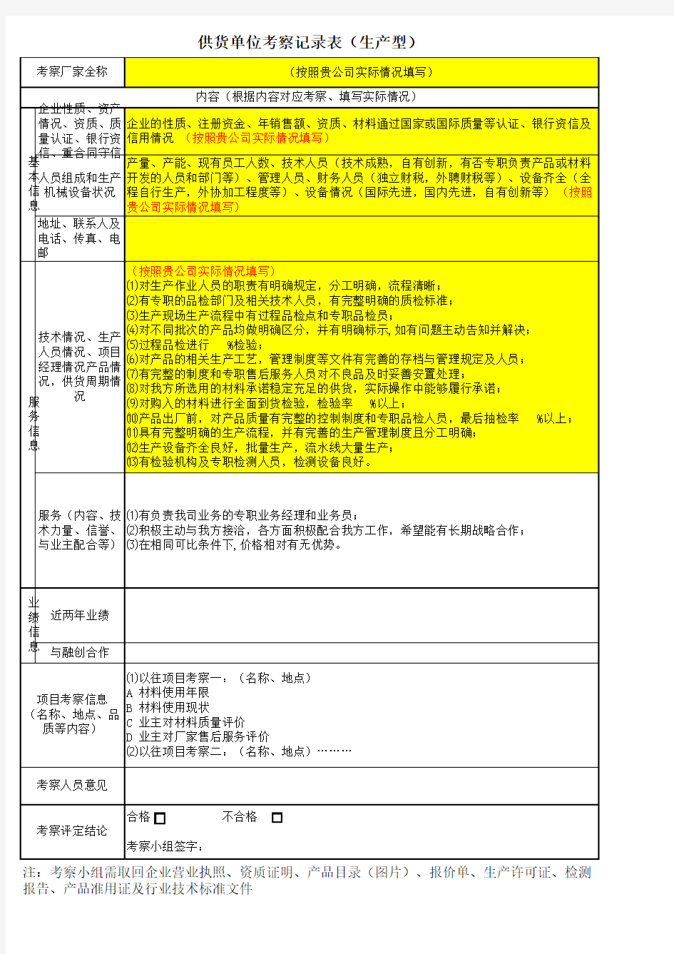 供应商考察记录表样板材料