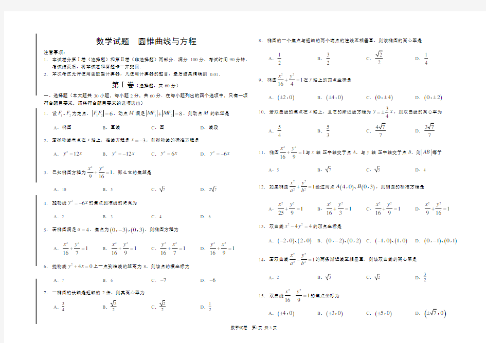 (完整word)19圆锥曲线与方程(中职数学春季高考练习题)