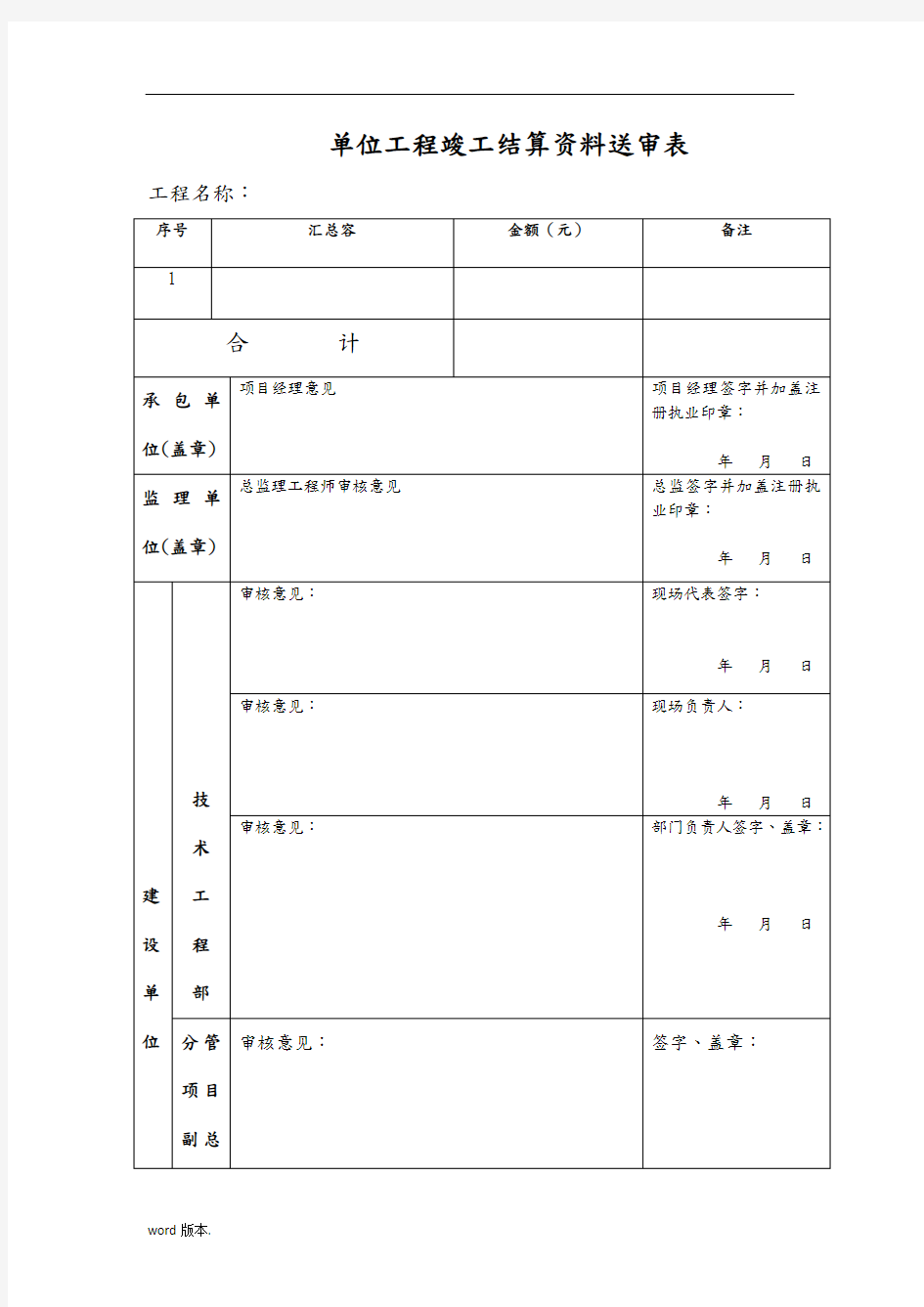 单位工程竣工结算审核汇总表