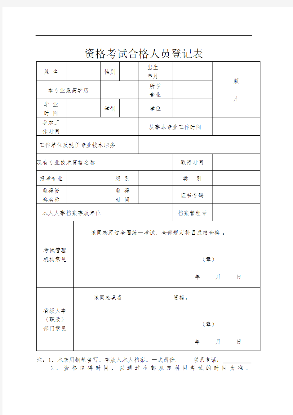 资格考试合格人员登记表(样表)