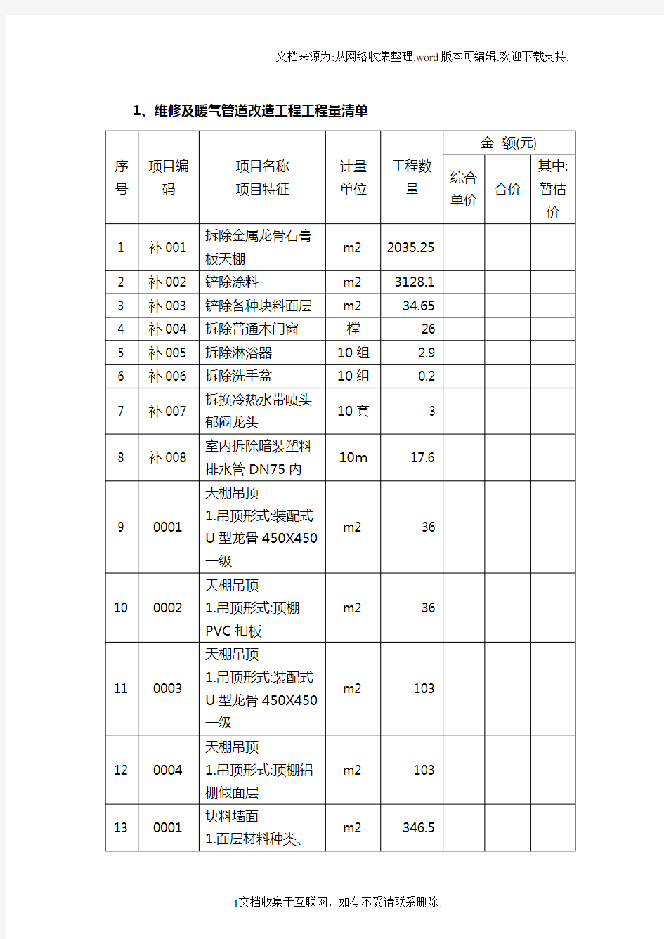 1、维修及暖气管道改造工程工程量清单