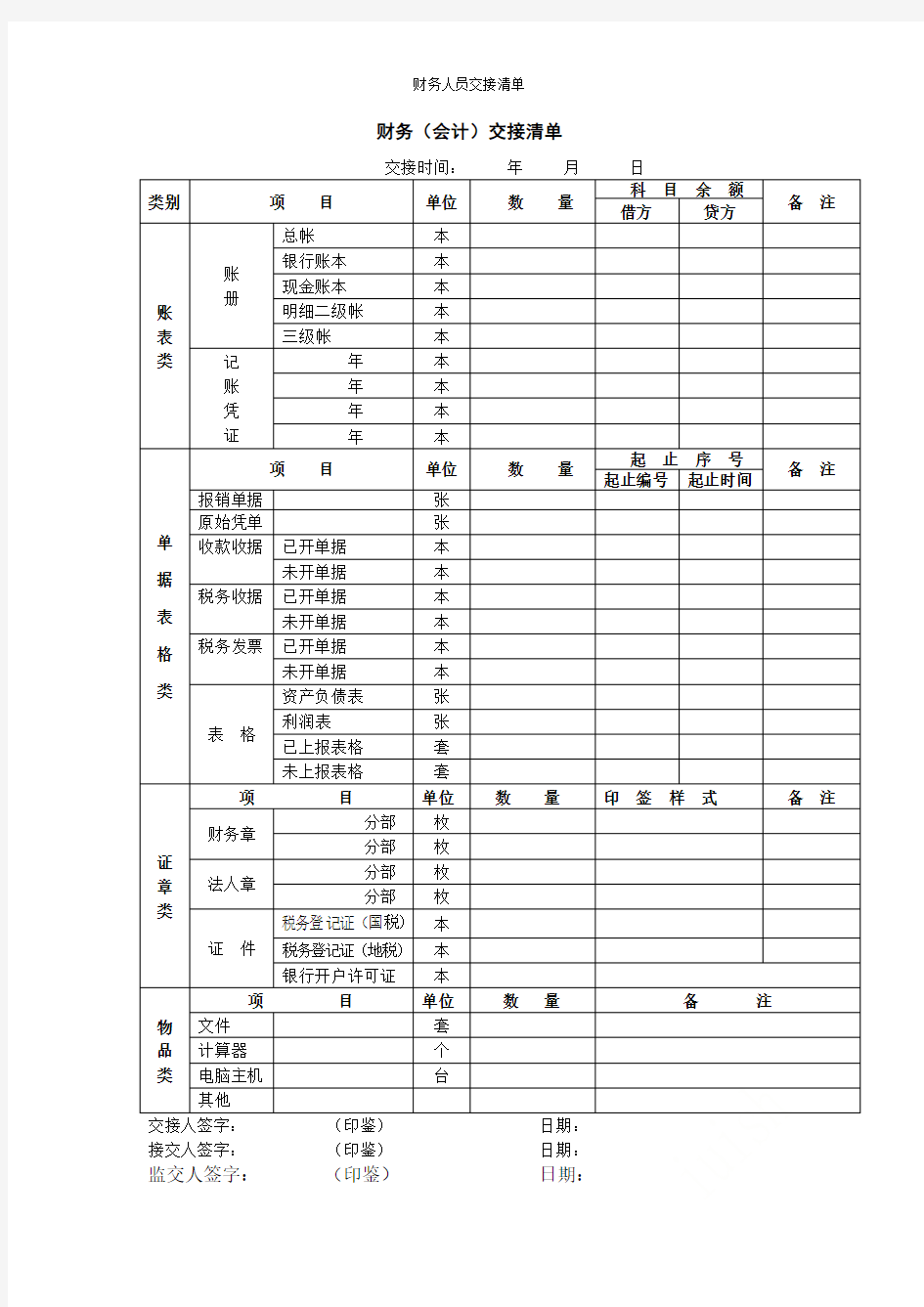 财务人员交接清单