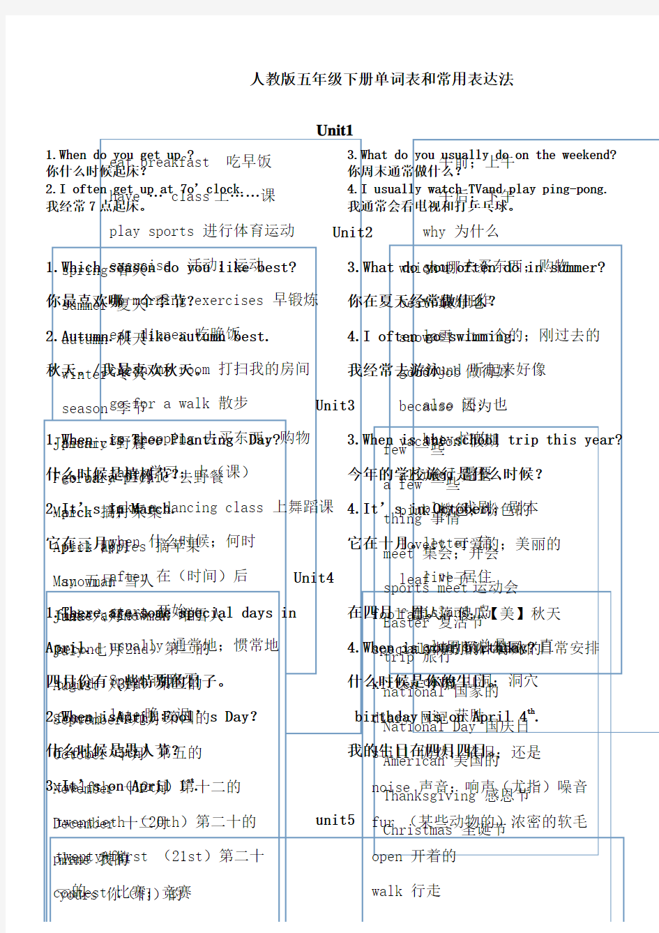 新人教版五年级英语下册单词表