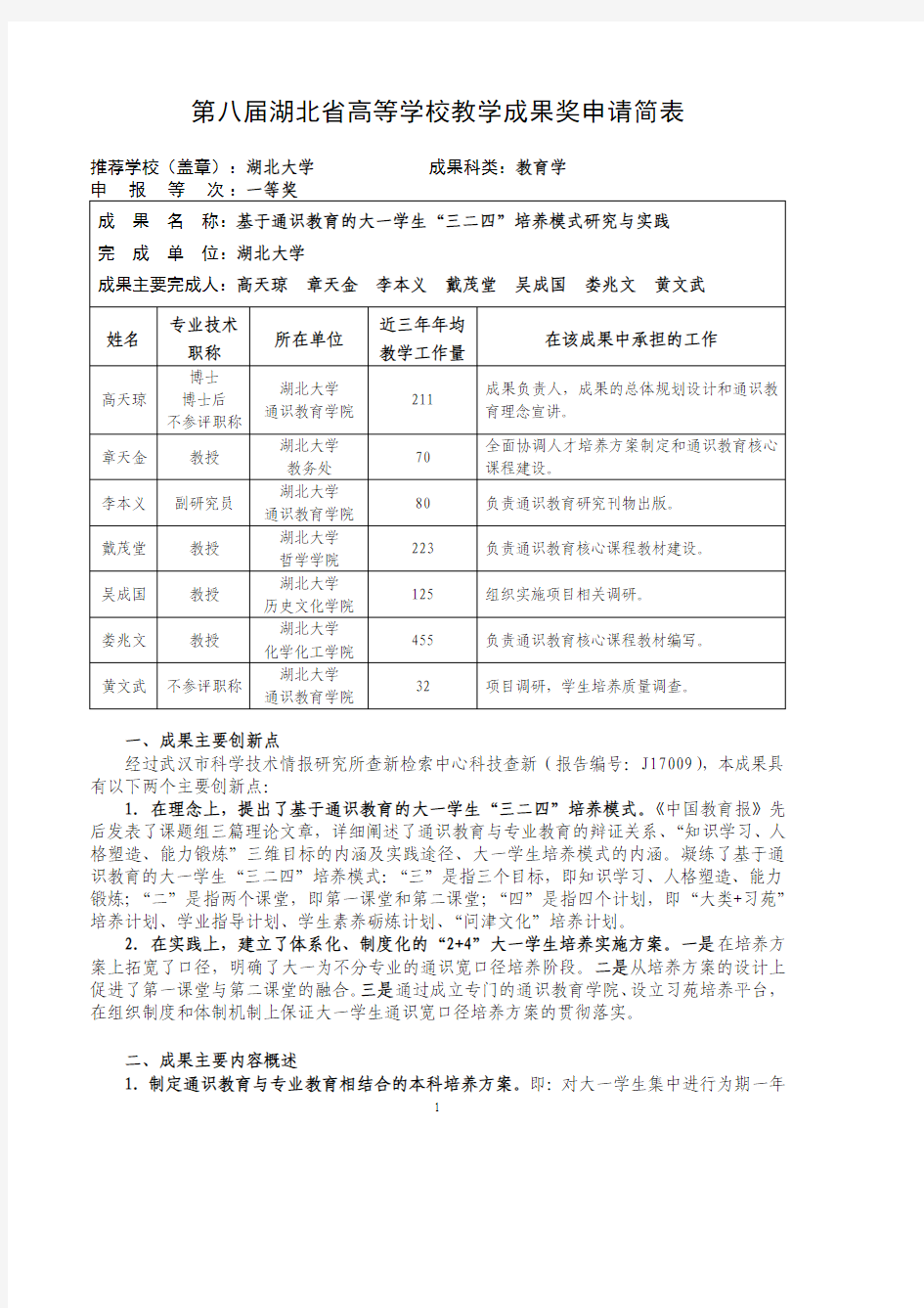 高等学校教学成果奖申请表-基于通识教育的大一学生“三二四”培养模式研究与实践