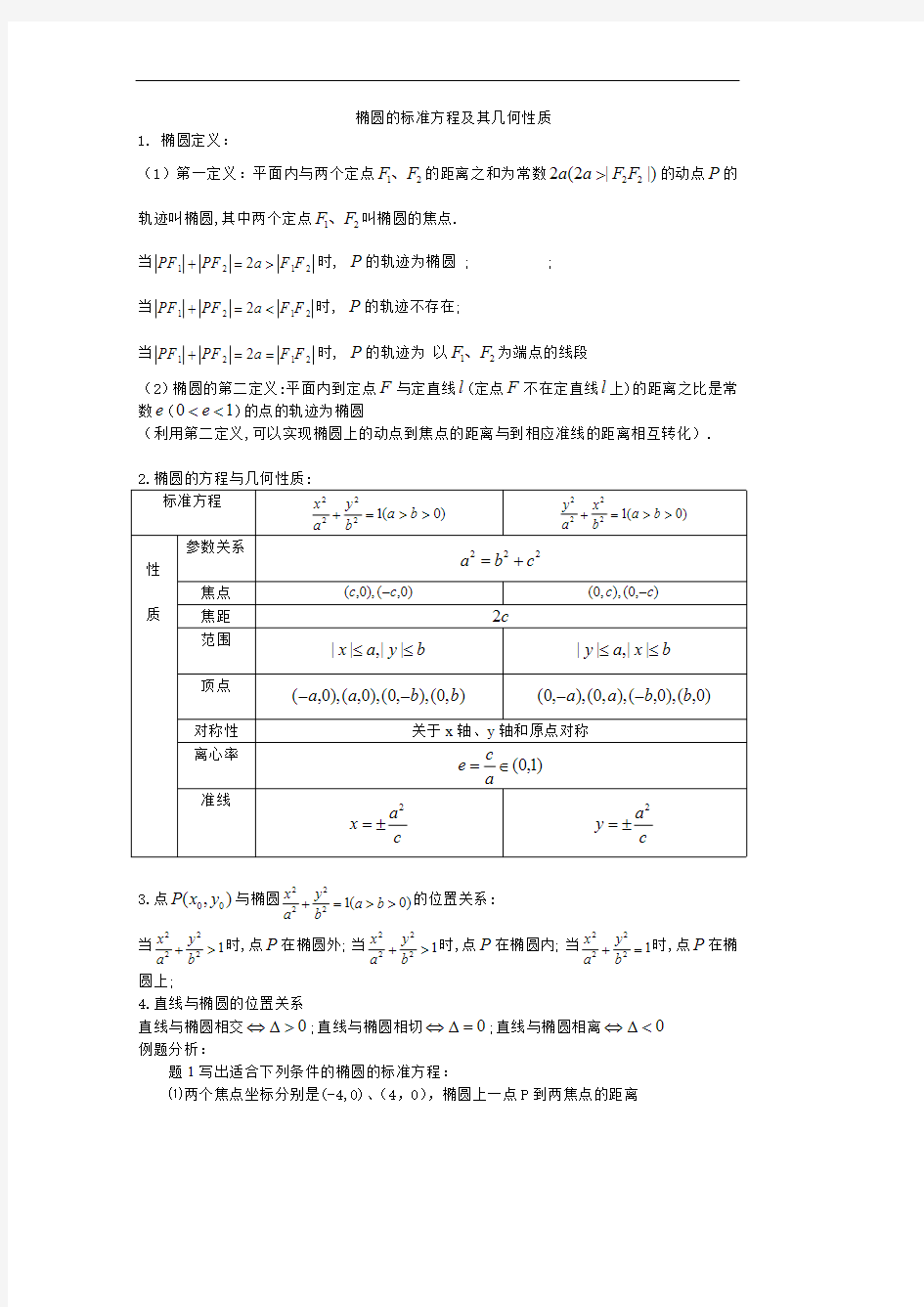 椭圆的标准方程及其几何性质