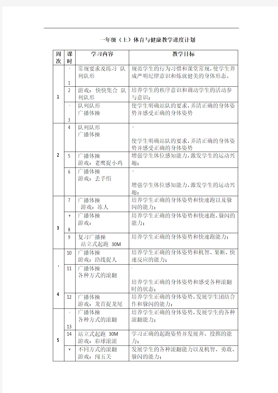 一年级体育教学进度表