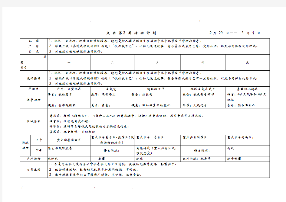 幼儿园大班周计划表超级详细