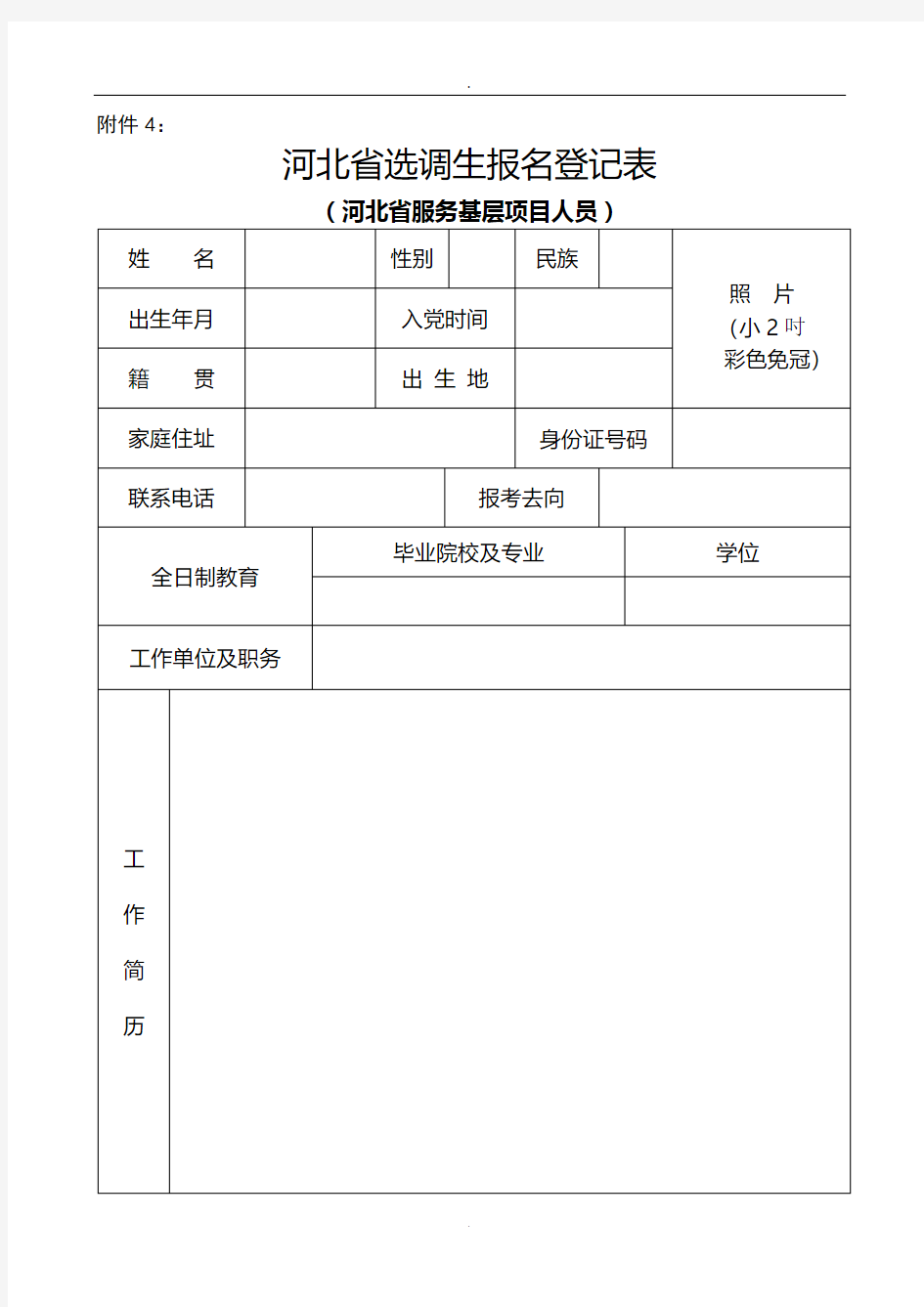 河北省选调生报名登记表(河北省服务基层项目人员)(式样)