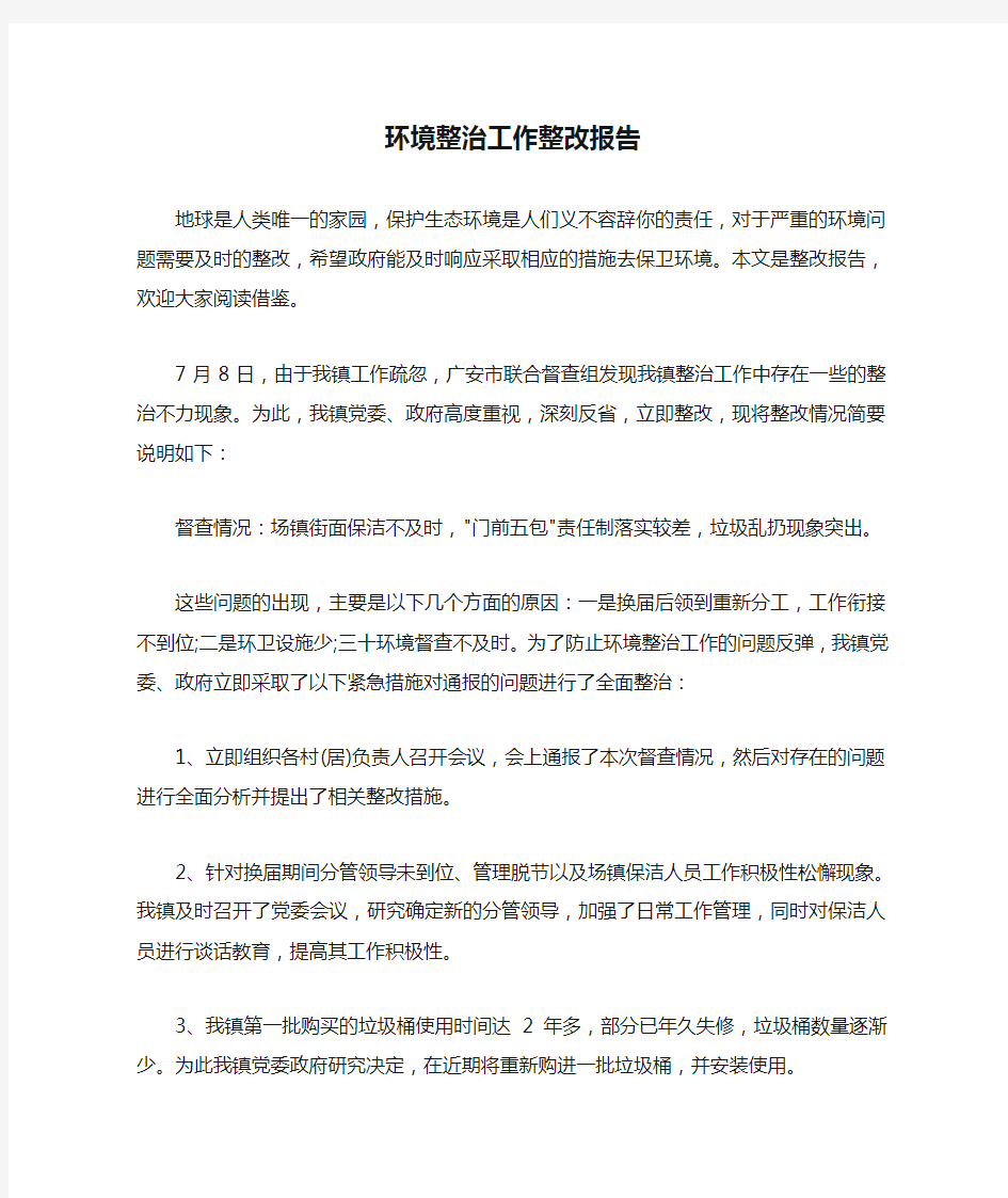 环境整治工作整改报告