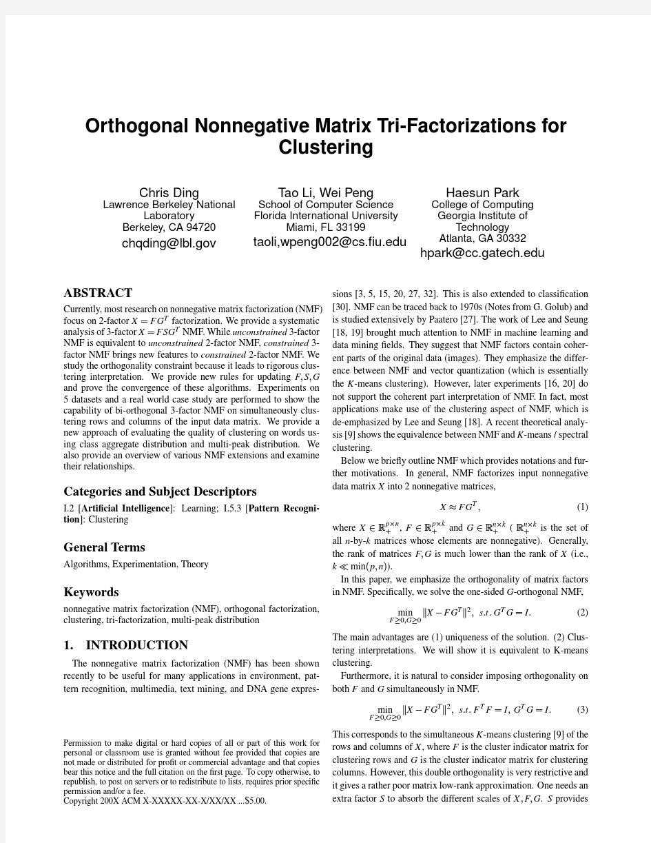 Orthogonal Nonnegative Matrix TriFactorizations