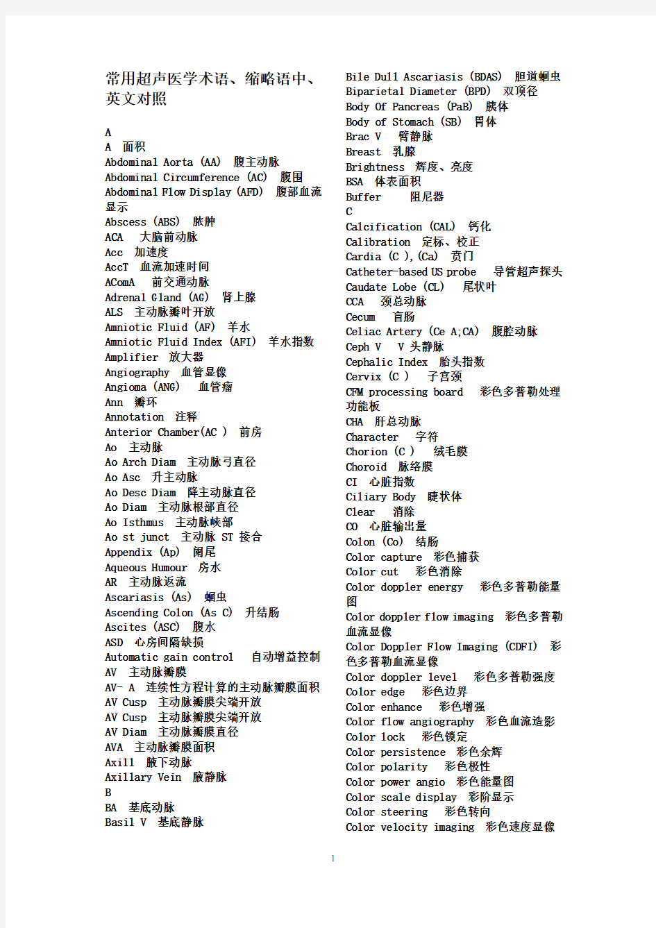 常用超声医学术语、缩略语中、英文对照